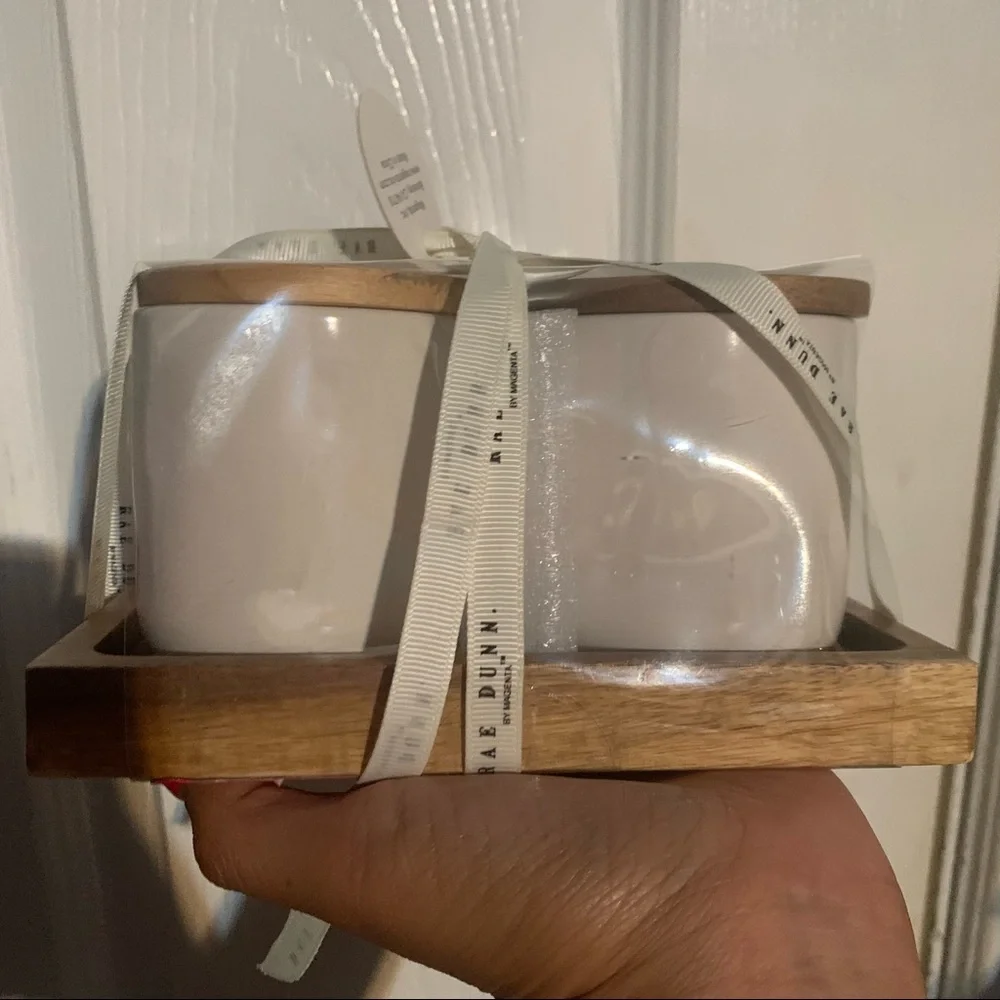 BNWT Rae Dunn HELLO. PRETTY. 2 ceramic canister jars, wooden lids & wooden tray